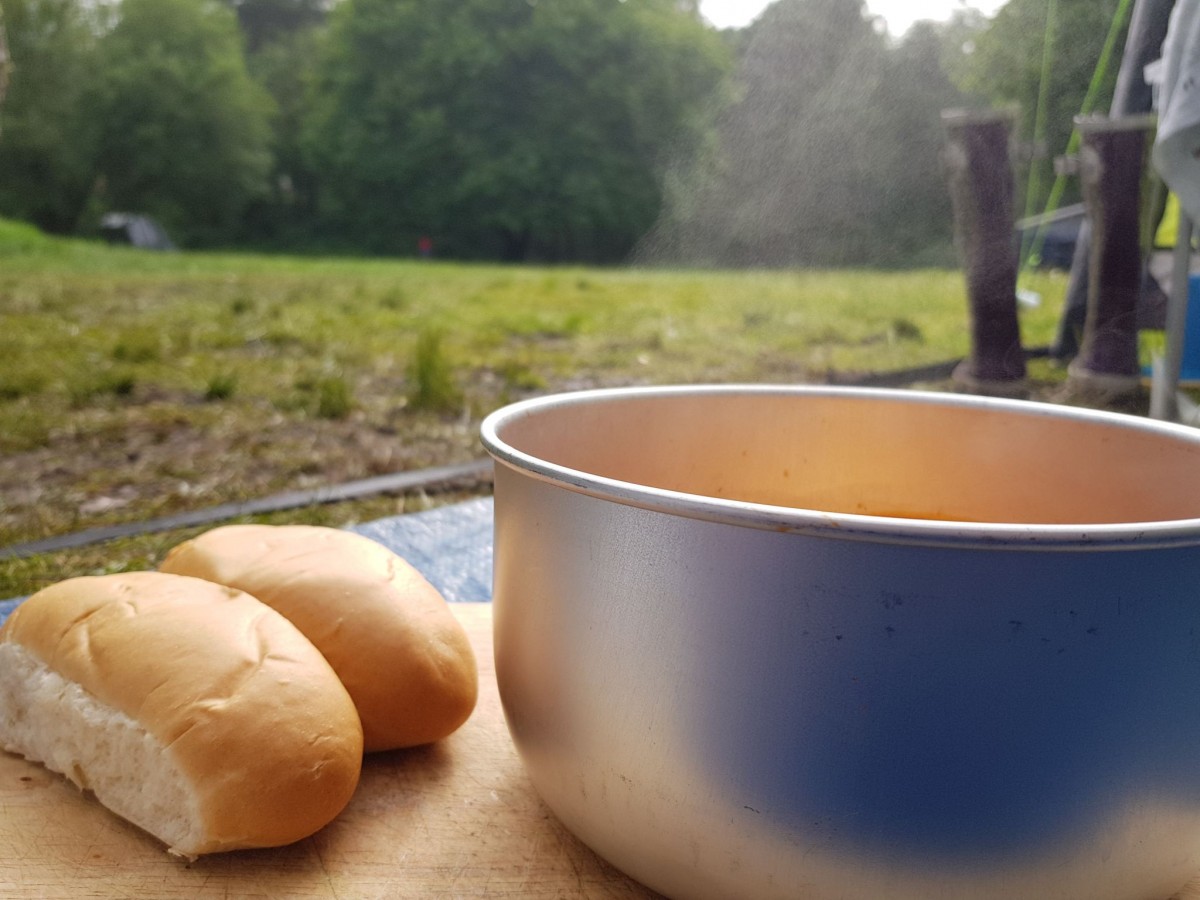 Soup in the open, cooking whilst camping